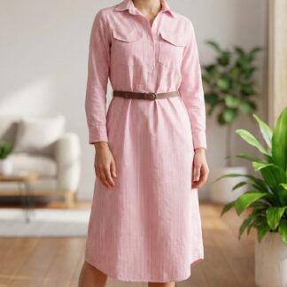 Classic Pink Striped Belted Shirt Dress-M
