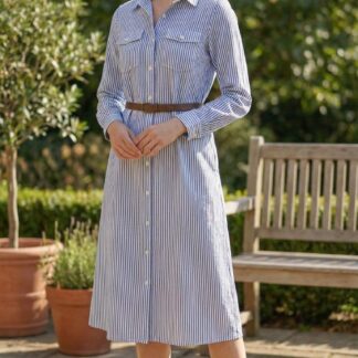 Classic Blue Striped Belted Shirt Dress -M