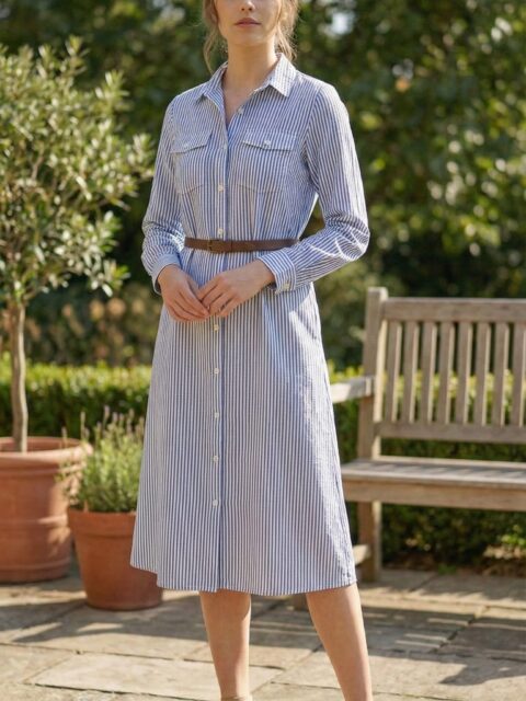 Classic Blue Striped Belted Shirt Dress