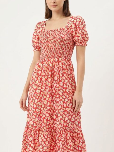 Women's Red Floral Printed Smocked Midi Dress with Puff Sleeves - Stylish Square Neck Western Dress