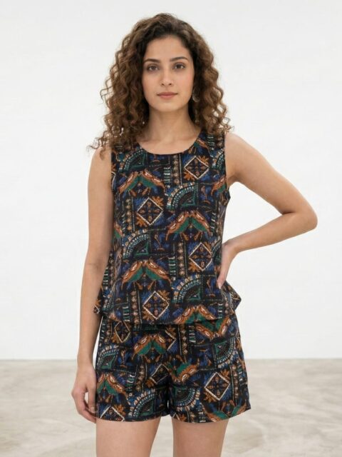 Stylish Multicolour Tribal Printed Top and Short for women