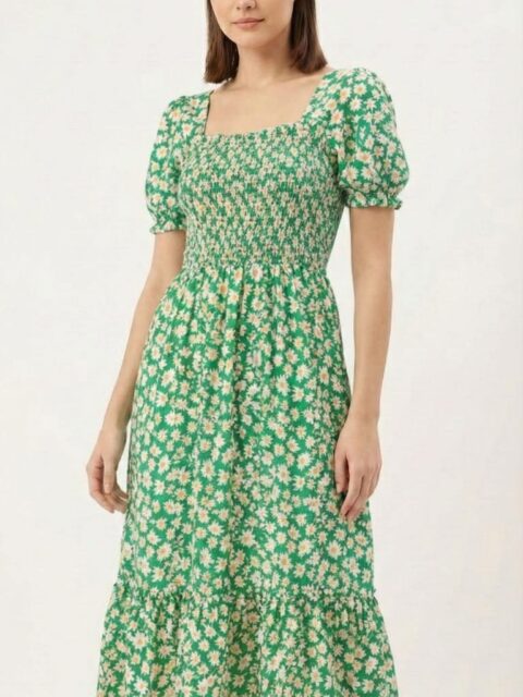 Women's Green Floral Printed Smocked Midi Dress with Puff Sleeves - Stylish Square Neck Western Dress