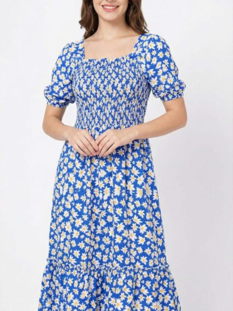 Women's Blue Floral Printed Smocked Midi Dress with Puff Sleeves - Stylish Square Neck Western Dress
