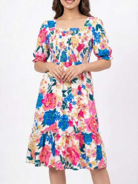 Women's Multi Floral Printed Smocked Midi Dress with Puff Sleeves - Stylish Square Neck Western Dress