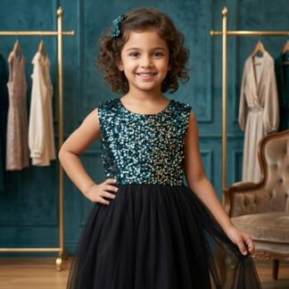 Fabrisa Creation Girls Teal Sequin Party Wear Frock with Black Net Skirt - 6-7 Years