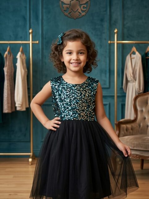Girls Teal Sequin Party Wear Frock with Black Net Skirt