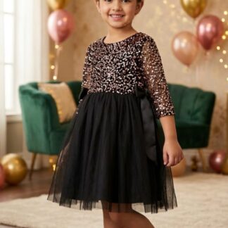 Fabrisa Creation Rose Gold Embellished Sequin & Net Flared Birthday Dress for Kids 5-6 Years