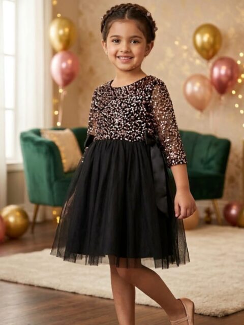 Rose Gold Embellished Sequin & Net Flared Birthday Dress for Kids