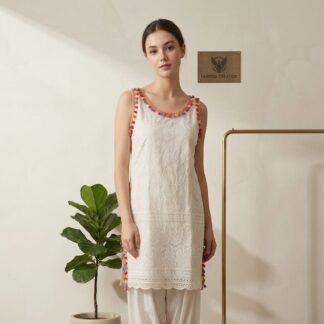 Fabrisa Creation Women's White Embroidered Sleeveless Kurta  | Colorful Pom-Pom Lace Detailing- M
