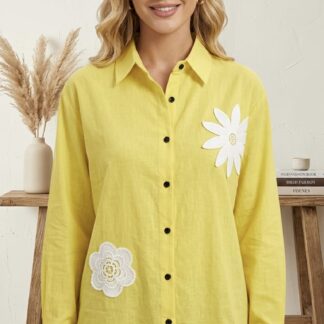 Fabrisa Creation Women's Stylish Floral Patchwork Button-Down Shirt | Casual Collar Neck Top for Girls Yellow-M