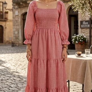 Fabrisa Creation Women's Check Smocked Dress Pink Check-L