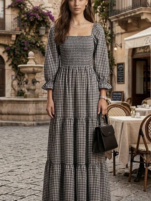 Women's Check Smocked Dress Black Check