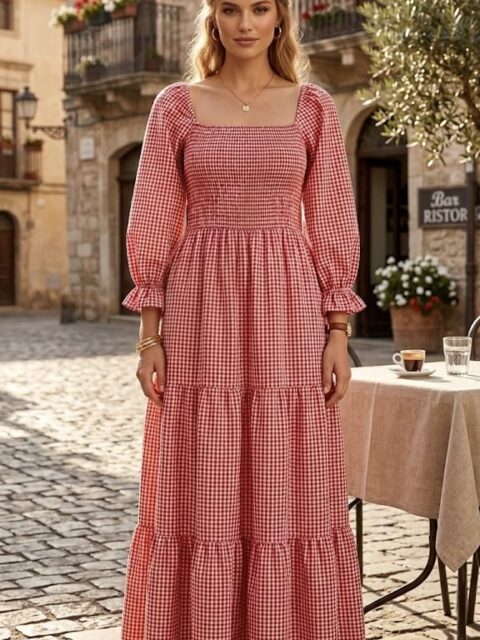 Women's Check Smocked Dress Pink Check