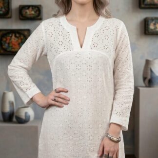 Stylish White Floral Embroidered Chikankari Style Kurti for Girls & Women- L