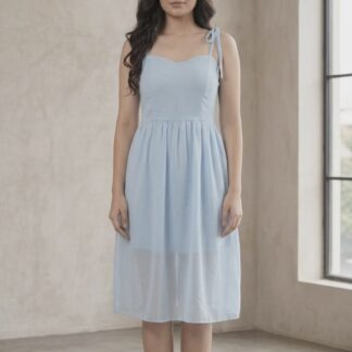 Women's Solid Light Blue Fit & Flare Midi Dress with Tie-Up Straps-M