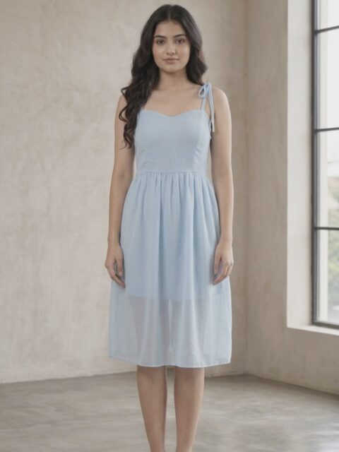Women's Solid Light Blue Fit & Flare Midi Dress with Tie-Up Straps