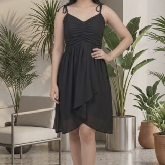 Women's Solid Black Fit & Flare Midi Dress with Tie-Up Straps-M