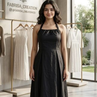 Fabrisa Creation Women Solid Black Halter Neck Maxi Dress -M