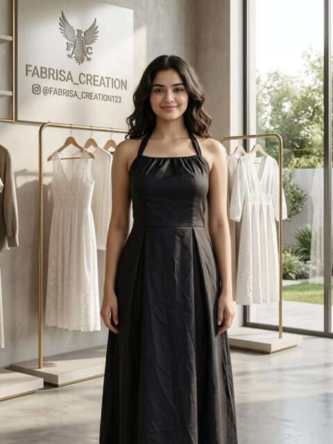 Women Solid Black Halter Neck Maxi Dress